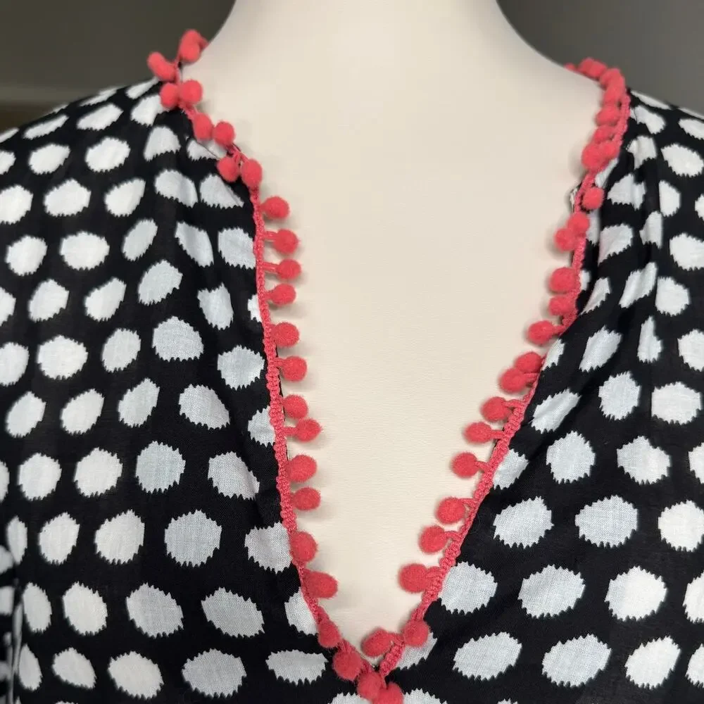 Shiraleah Chicago Polka Dot Cotton Cover Up Tunic Pom Trim Belted Medium